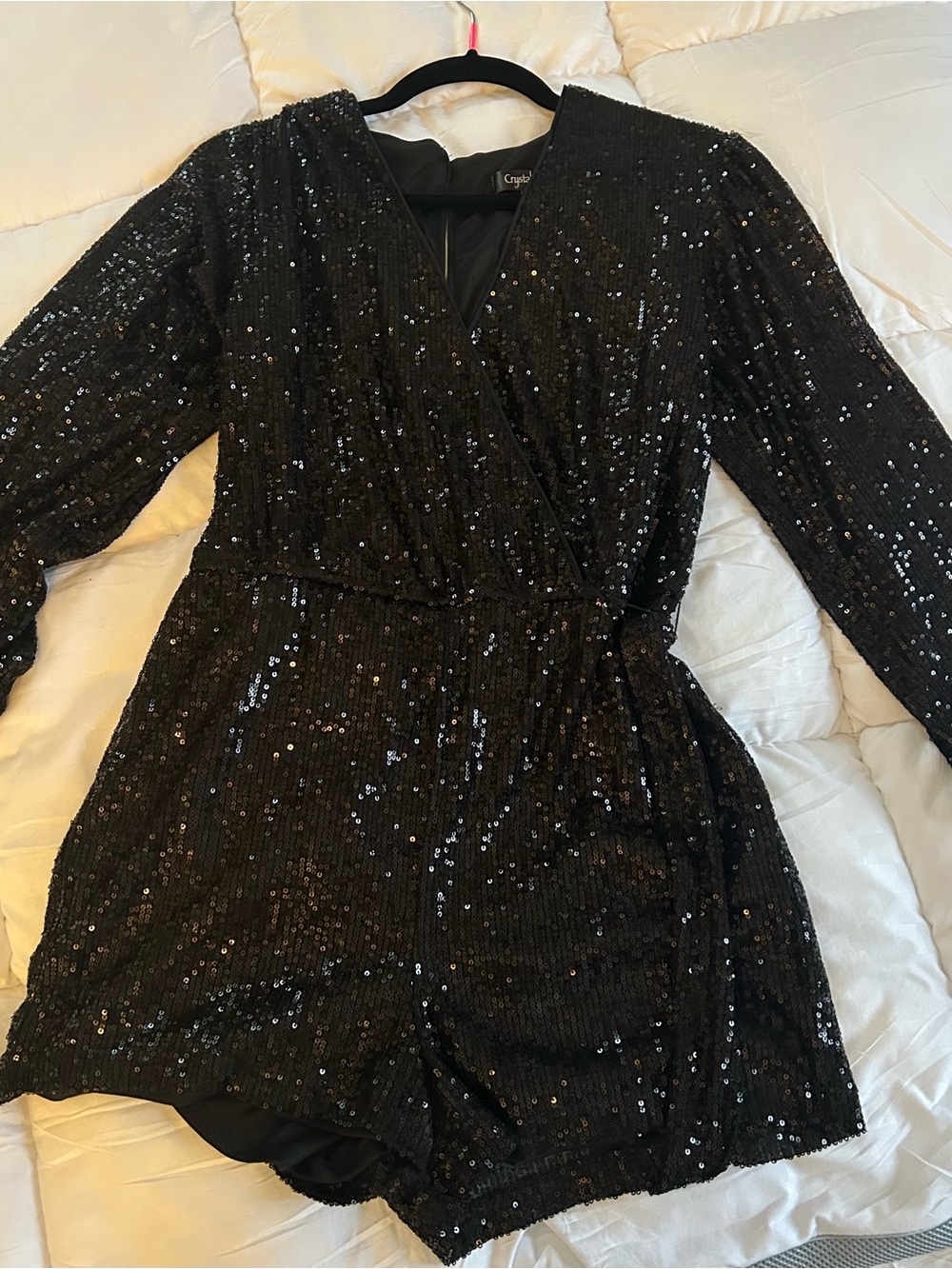 Black Sequin Long-Sleeve Wrap Romper for Women